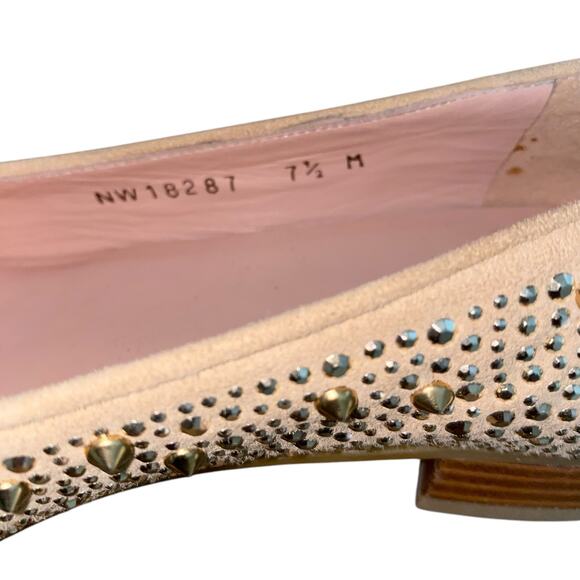 Stuart Weitzman Slipbeads Beige Blush Suede Gold Studded Loafer Flats size 7.5